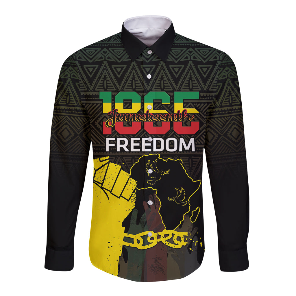 Black long-sleeve button-up shirt with front Juneteenth Freedom graphic, multicolor text