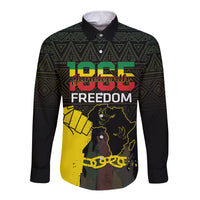Black long-sleeve button-up shirt with front Juneteenth Freedom graphic, multicolor text