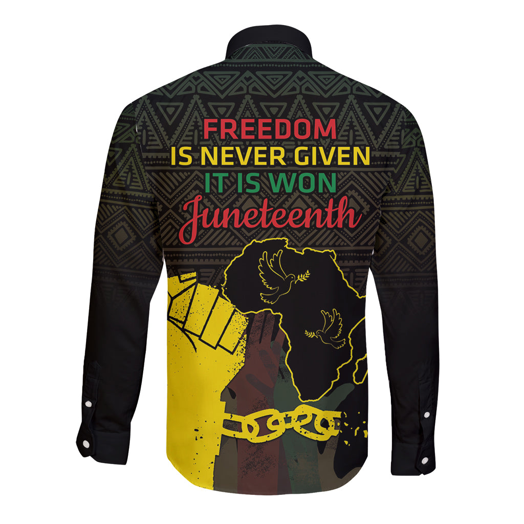 Black long-sleeve button-up with back Juneteenth Freedom message and yellow map silhouette