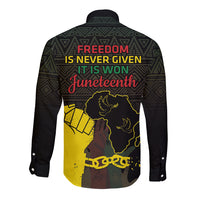 Black long-sleeve button-up with back Juneteenth Freedom message and yellow map silhouette
