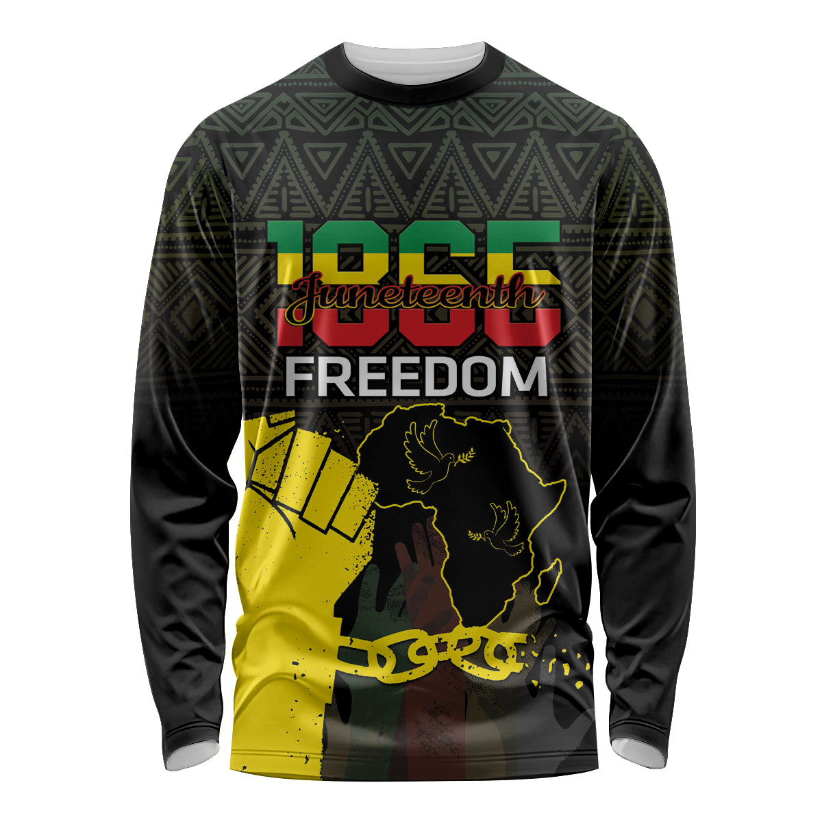 Black long-sleeve shirt with Juneteenth Freedom graphic and geometric pattern