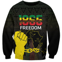 Black crewneck sweatshirt with Juneteenth Freedom 1865 graphic, African pattern background