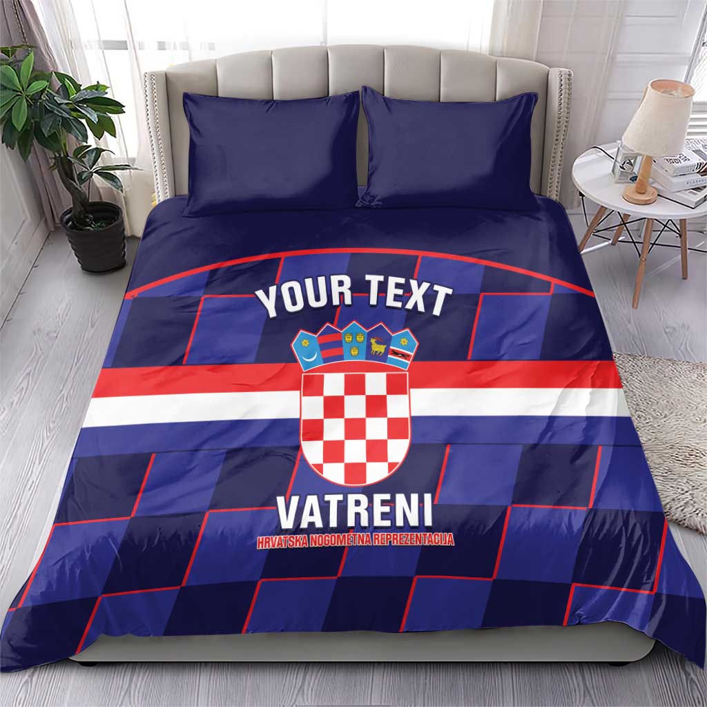 Blue football bedding set with crest, red-white flag stripes, and two matching pillowcases