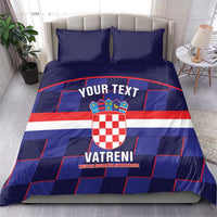 Blue football bedding set with crest, red-white flag stripes, and two matching pillowcases