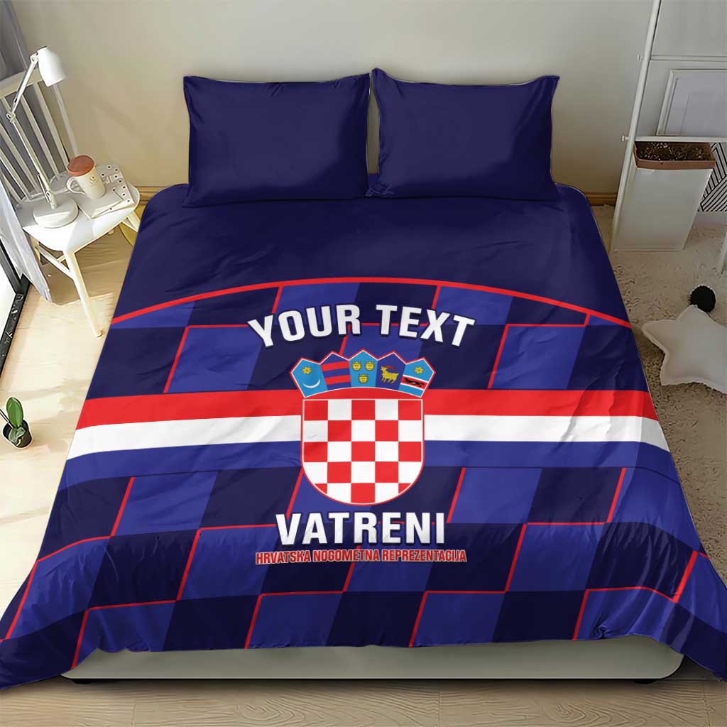 Blue football bedding set with “YOUR TEXT” band, crest emblem, and “VATRENI” on duvet