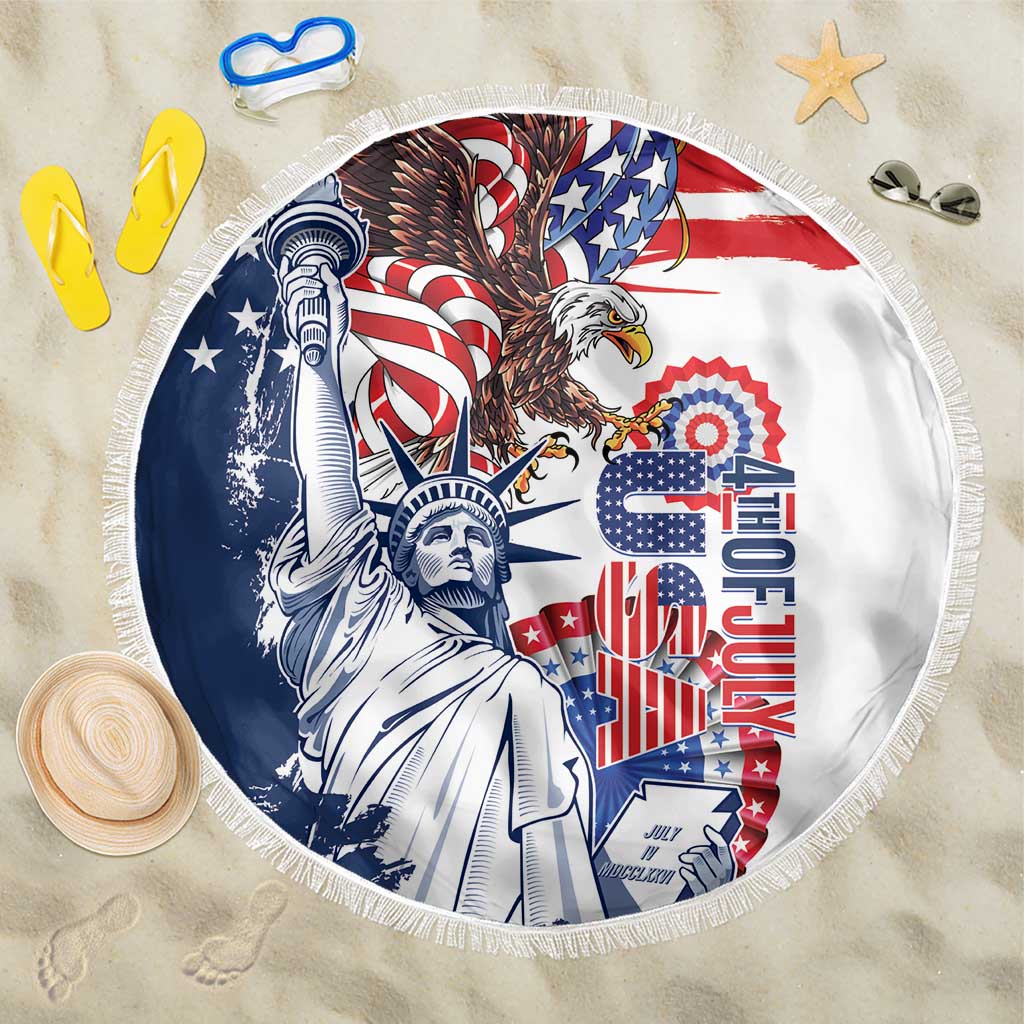 Round beach blanket with Statue of Liberty, eagle and patriotic stars graphic, fringe edge