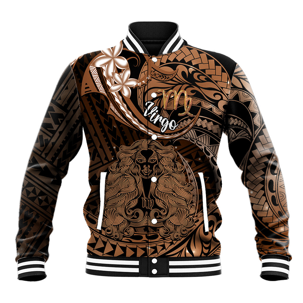 Black and brown zodiac baseball jacket with Virgo emblem, gold tribal lion, button front