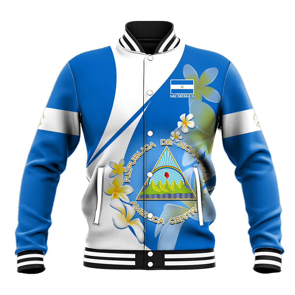 Blue and white varsity baseball jacket with Nicaragua crest and flower graphics