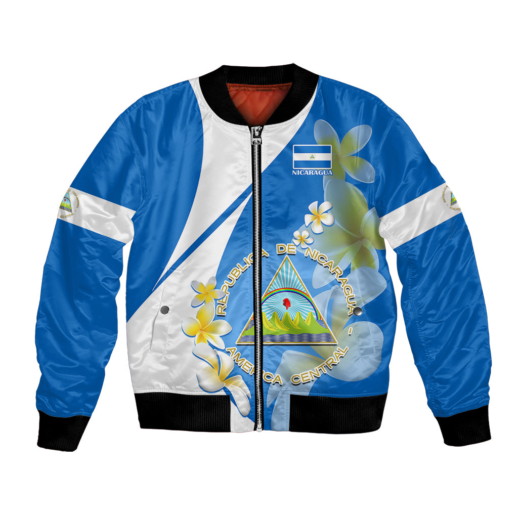 Blue and white bomber jacket with front zipper, ribbed collar, Nicaragua coat of arms