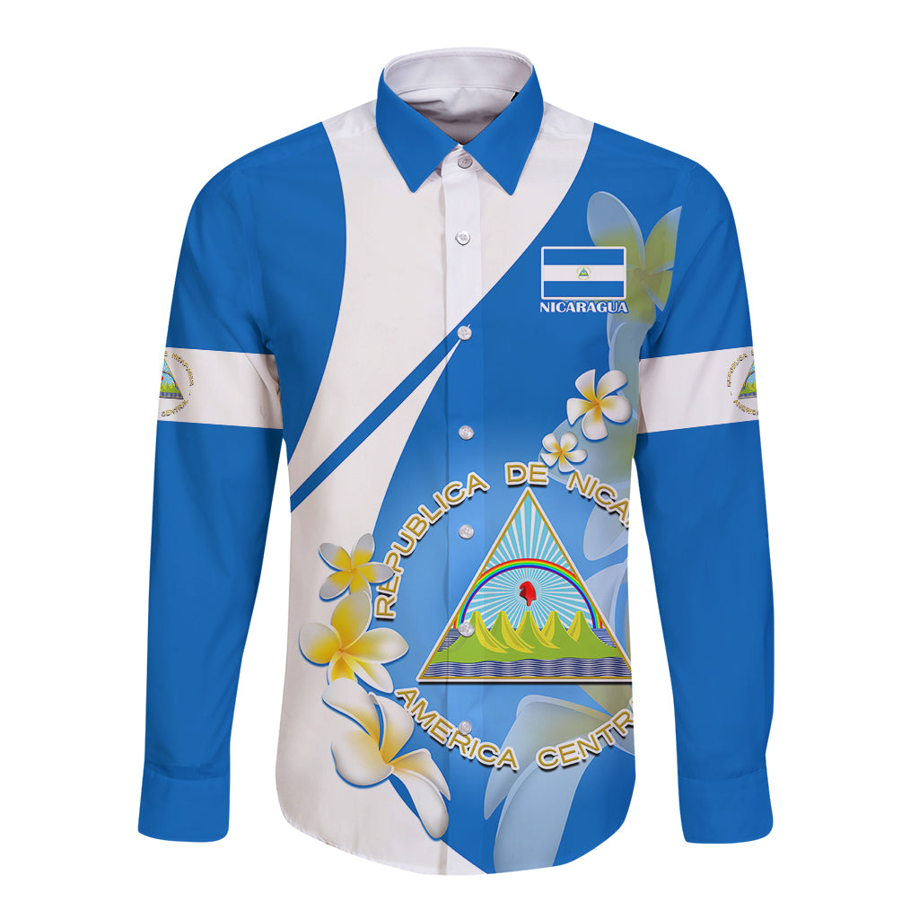 Blue-and-white long-sleeve button shirt with coat of arms and flower graphics