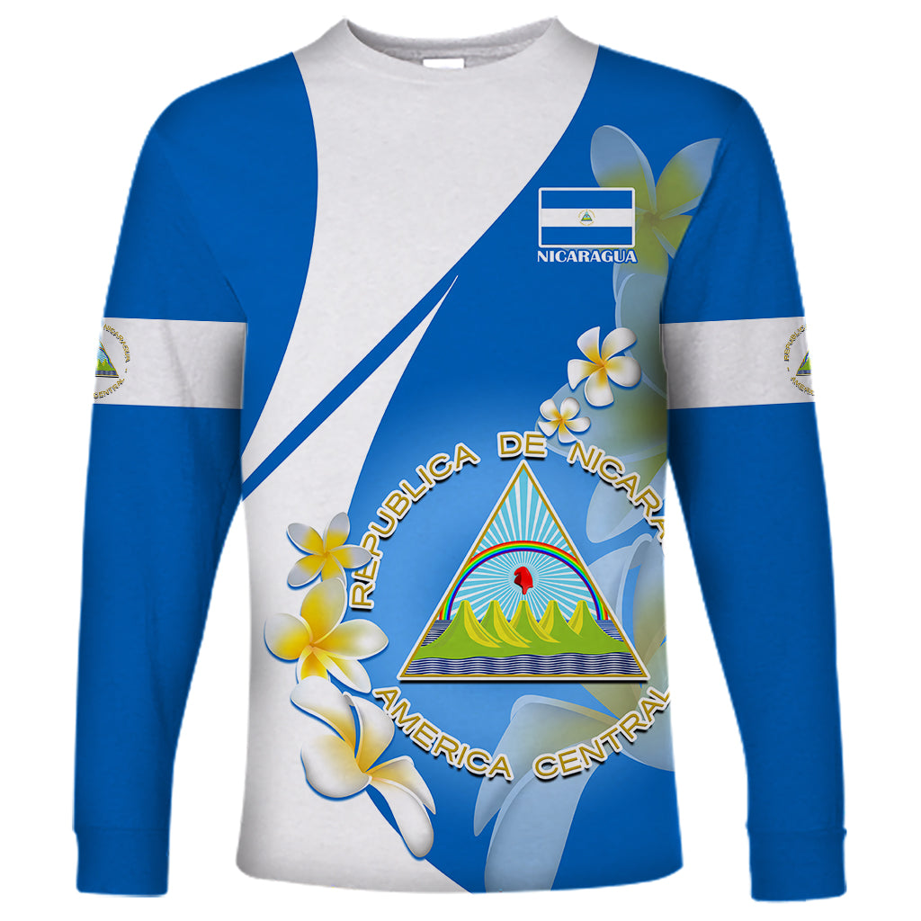 Unisex long sleeve shirt, blue-and-white with Nicaragua emblem and flowers graphic