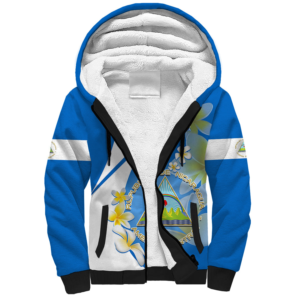 Custom Nicaragua Independence Day Sherpa Hoodie Nicaraguan Coat of Arms With Sacuanjoche Flowers - Wonder Print Shop