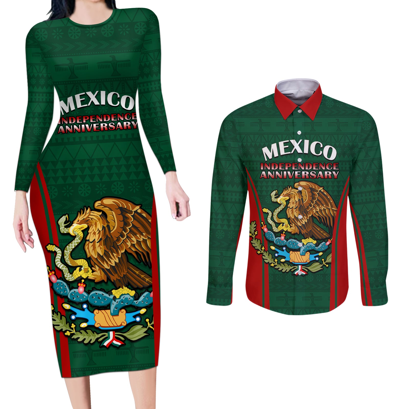 Mexico Independence Day Couples Matching Long Sleeve Bodycon Dress and Long Sleeve Button Shirts Happy 213th Anniversary Mexican Proud - Wonder Print Shop