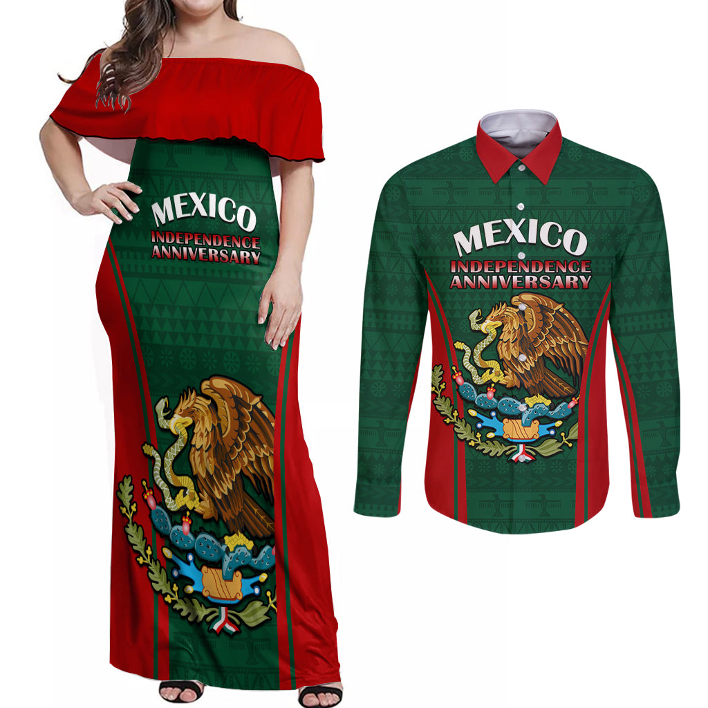 Mexico Independence Day Couples Matching Off Shoulder Maxi Dress and Long Sleeve Button Shirts Happy 213th Anniversary Mexican Proud - Wonder Print Shop