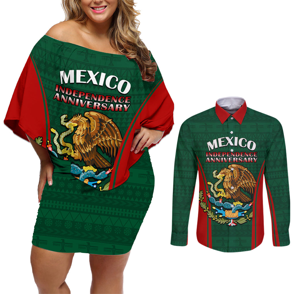 Mexico Independence Day Couples Matching Off Shoulder Short Dress and Long Sleeve Button Shirts Happy 213th Anniversary Mexican Proud - Wonder Print Shop