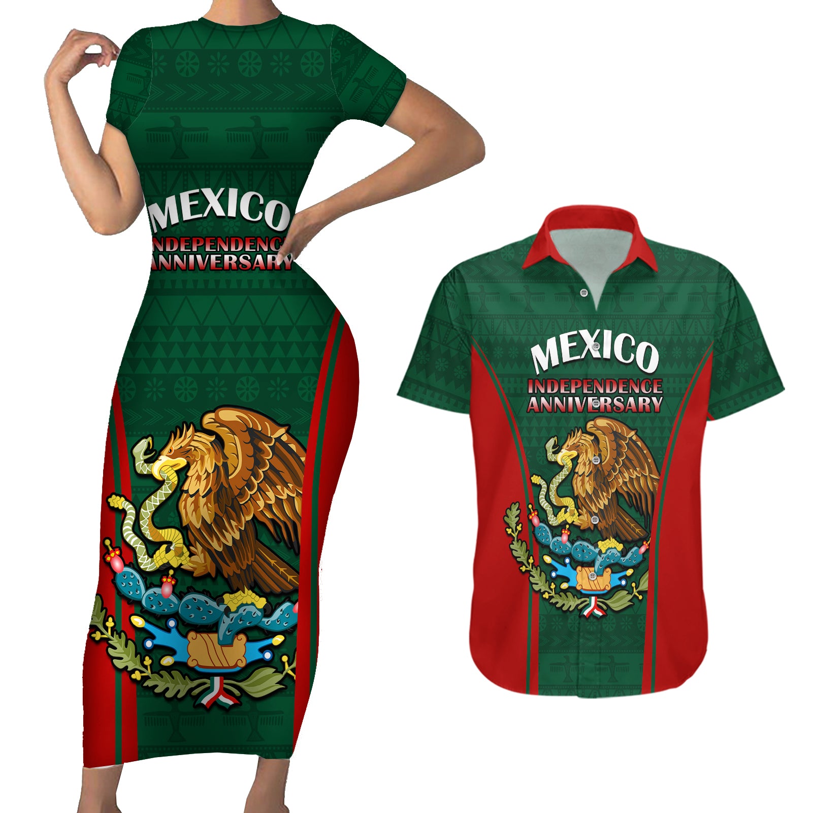 Mexico Independence Day Couples Matching Short Sleeve Bodycon Dress and Hawaiian Shirt Happy 213th Anniversary Mexican Proud - Wonder Print Shop