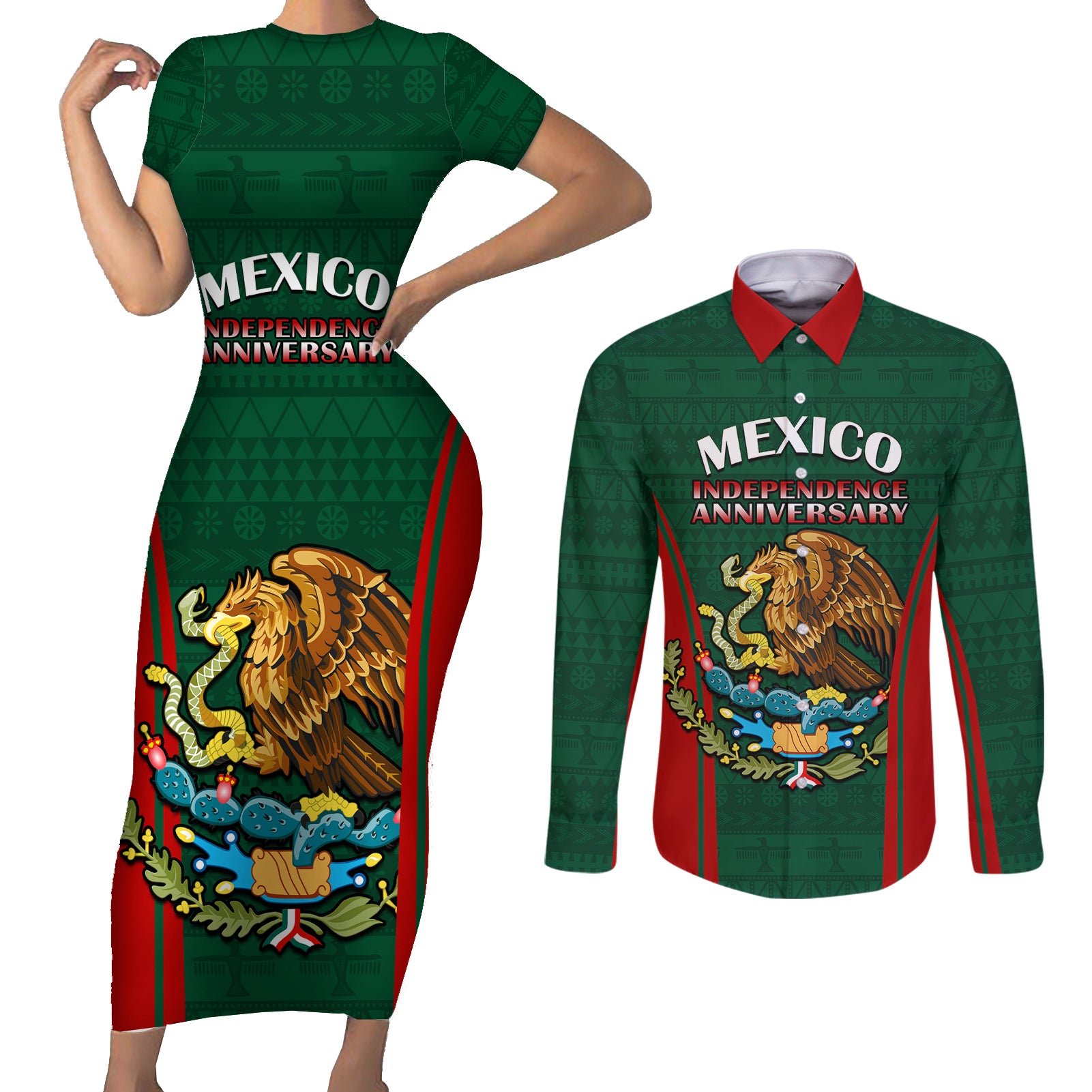 Mexico Independence Day Couples Matching Short Sleeve Bodycon Dress and Long Sleeve Button Shirts Happy 213th Anniversary Mexican Proud - Wonder Print Shop