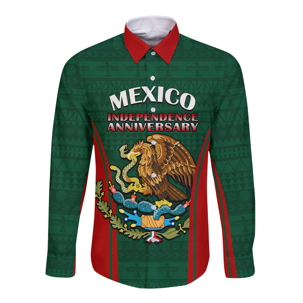 Green long-sleeve button shirt with red yoke and Independence graphic with eagle and snake