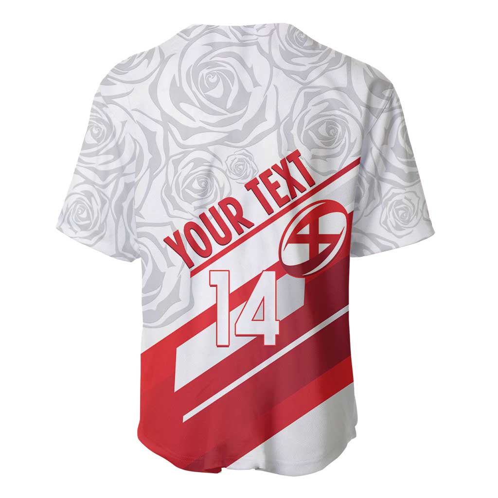 White and red rugby jersey back with 'YOUR TEXT', number 14, and logo