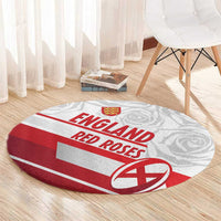 England round rug, red stripe design with England and Red Roses text and crest emblem