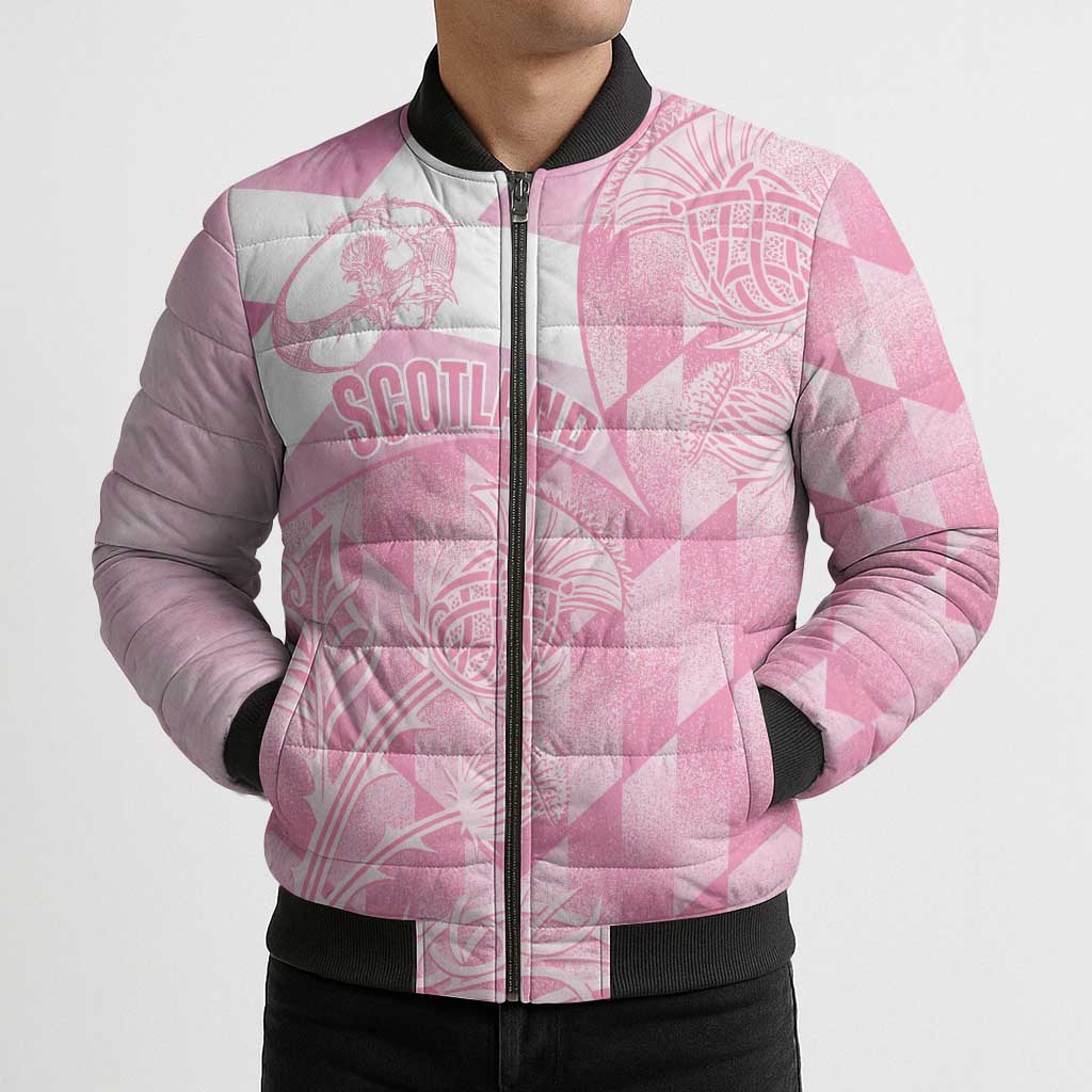 Scotland Rugby Custom Bomber Puffer Jacket Go Scottish Thistle Pink Version - Wonder Print Shop