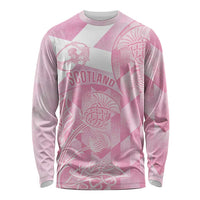 Pink long-sleeve rugby shirt with Scotland crest and thistle graphics, crew neck cuffs