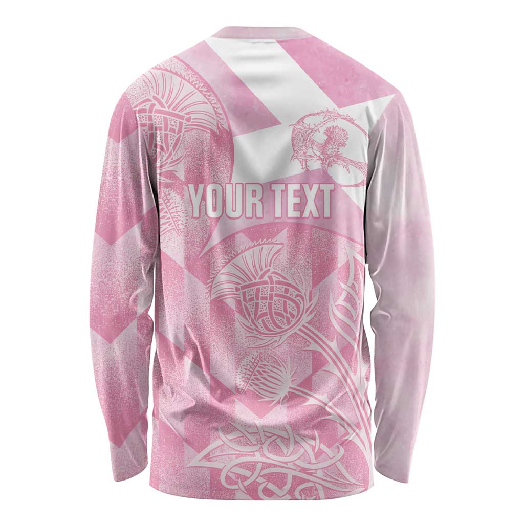 Pink long-sleeve rugby shirt back with YOUR TEXT and thistle/crest pattern