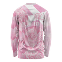 Pink long-sleeve rugby shirt back with YOUR TEXT and thistle/crest pattern