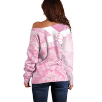 Pink off-shoulder sweater back with white check pattern and 'YOUR TEXT' print