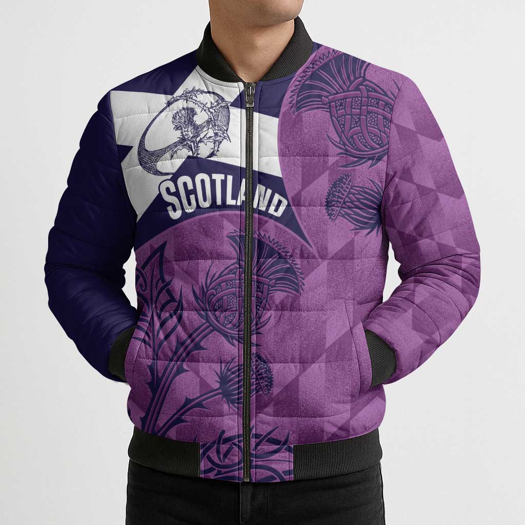 Scotland Rugby Custom Bomber Puffer Jacket Go Scottish Thistle Purple Version - Wonder Print Shop