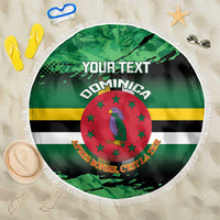Round green beach blanket with Dominica flag stripes, 'YOUR TEXT' and red bird emblem, fringed