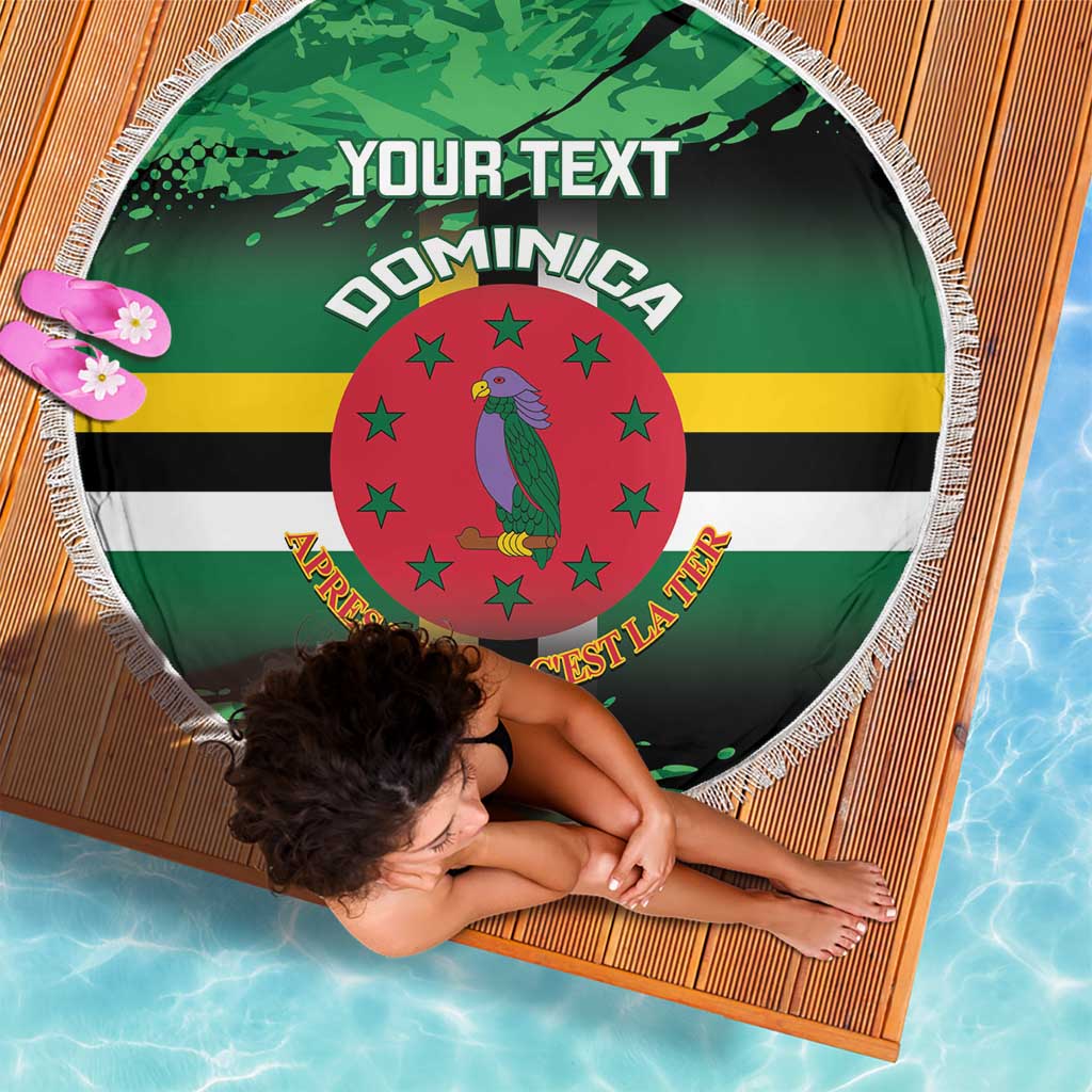 Round Dominica flag beach blanket with 'YOUR TEXT' and red bird emblem, fringed border