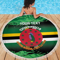 Round green Dominica beach blanket with 'YOUR TEXT', red bird emblem and fringed edge