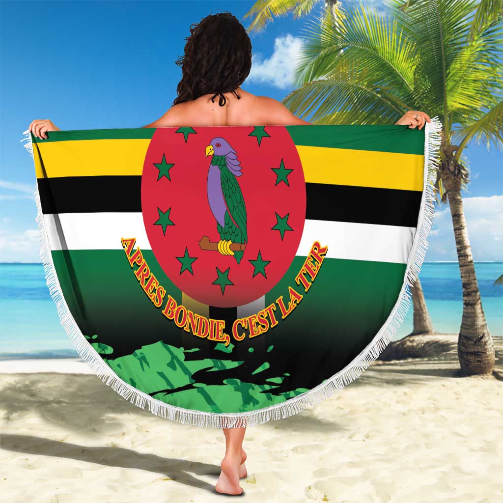 Round fringed beach blanket showing Dominica flag stripes and red bird emblem with 'YOUR TEXT'
