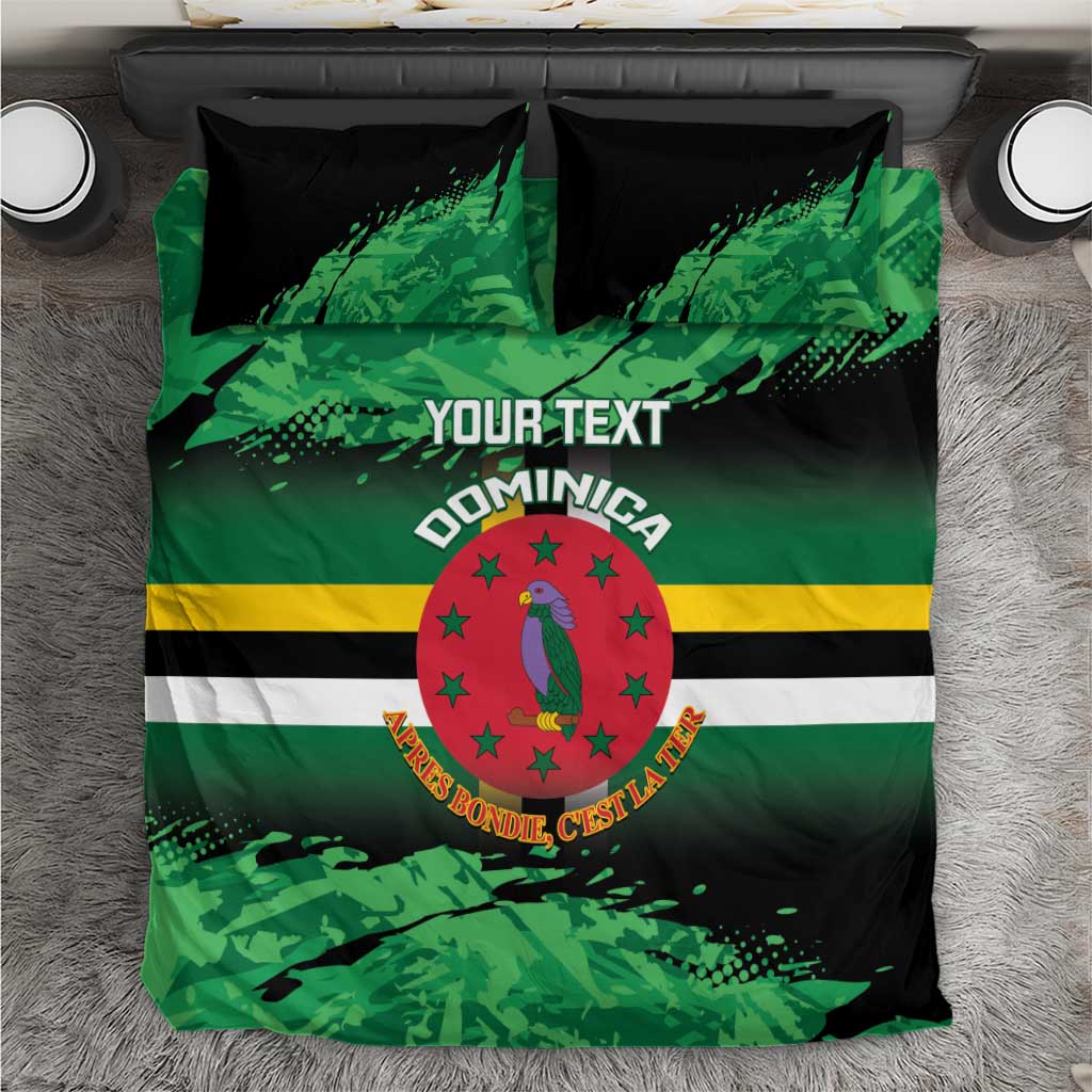 Personalized Dominica bedding set with green/black camo design, crest, and bold stripes