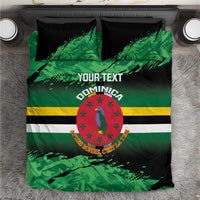 Personalized Dominica bedding set with green/black camo design, crest, and bold stripes