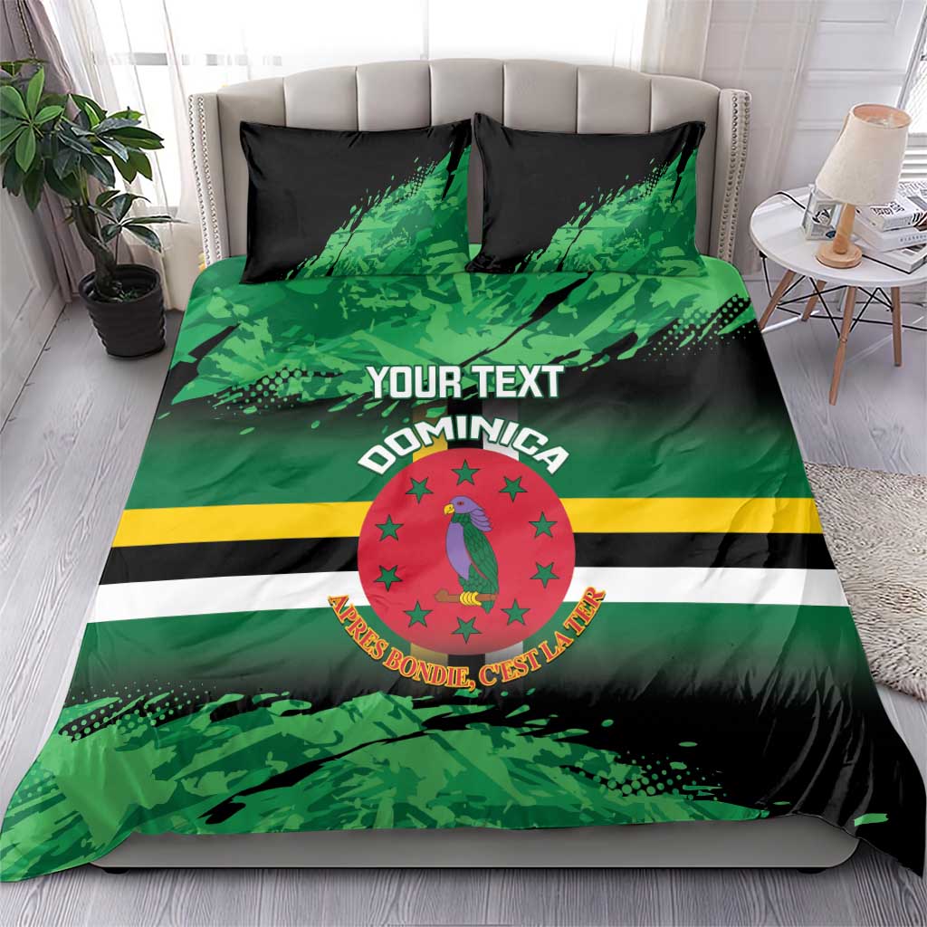 Personalized Dominica bedding set: green/black comforter with crest, stripes, and “YOUR TEXT”