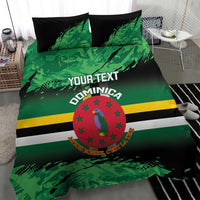 Personalized Dominica bedding set front view with green camo, crest medallion, and “YOUR TEXT”