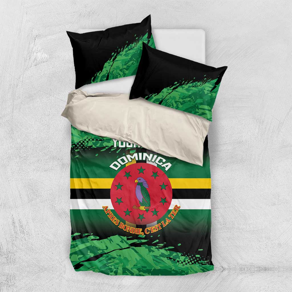Personalized Dominica bedding set with green-and-black patterned duvet, crest, stripes, and pillows