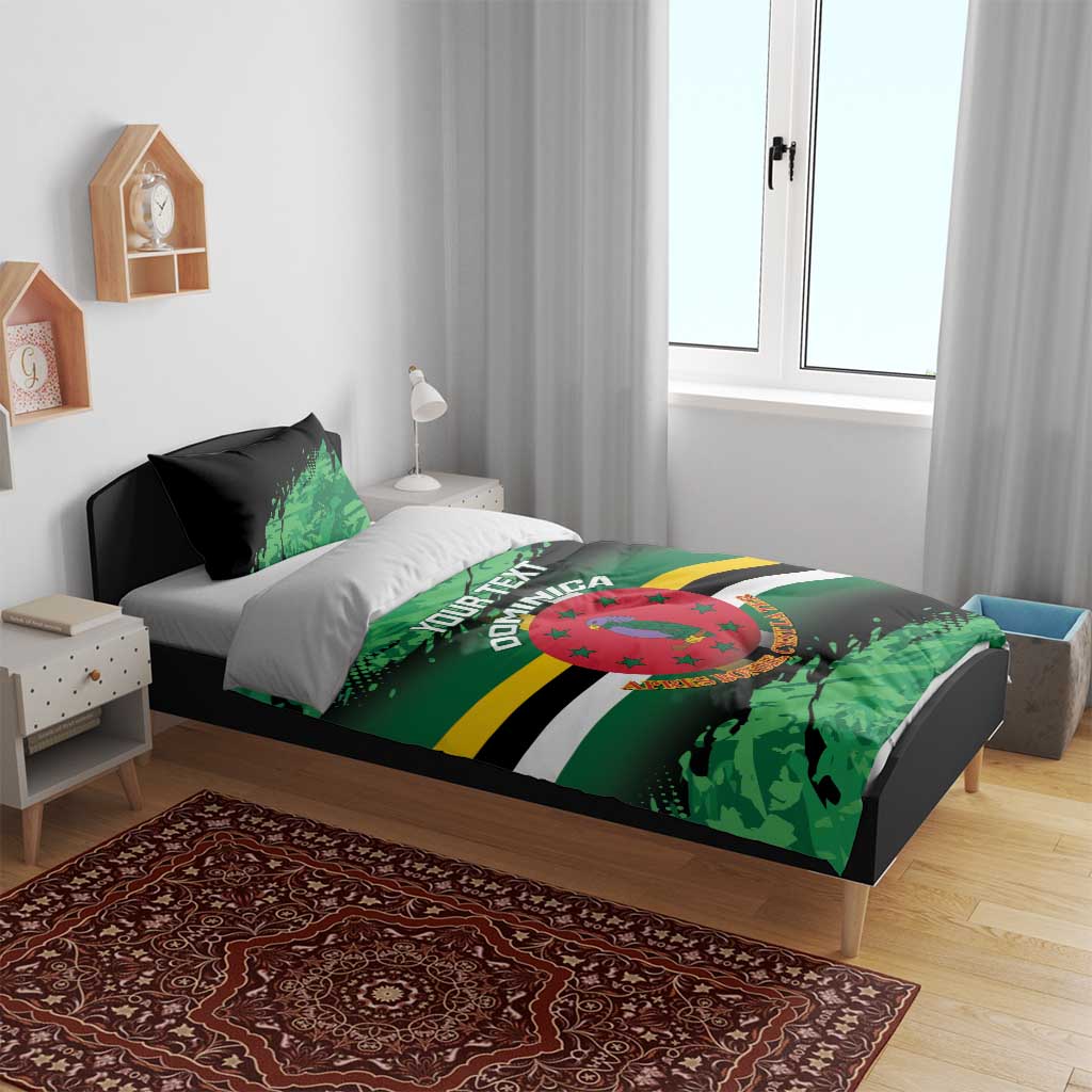 Personalized Dominica bedding set on wooden bed frame with green camo crest and “YOUR TEXT”