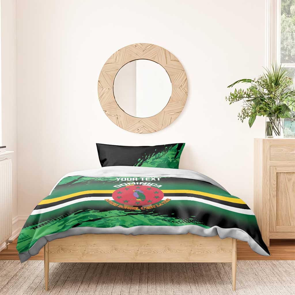 Personalized Dominica bedding set with green/black camo stripes, crest emblem, and “YOUR TEXT”