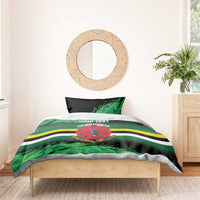 Personalized Dominica bedding set with green/black camo stripes, crest emblem, and “YOUR TEXT”