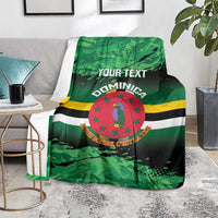 Green printed throw blanket with Dominica crest, stripes, and customizable 'YOUR TEXT'