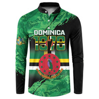 Green and black button sweatshirt with Dominican 1978 graphic, long sleeves.