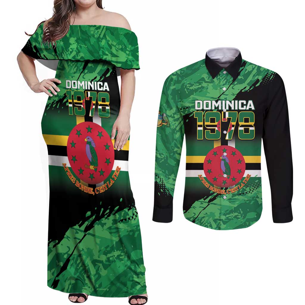 Persionalized Dominica 1978 Couples Matching Off Shoulder Maxi Dress and Long Sleeve Button Shirt Dominik Independence Anniversary Grunge Style - Wonder Print Shop