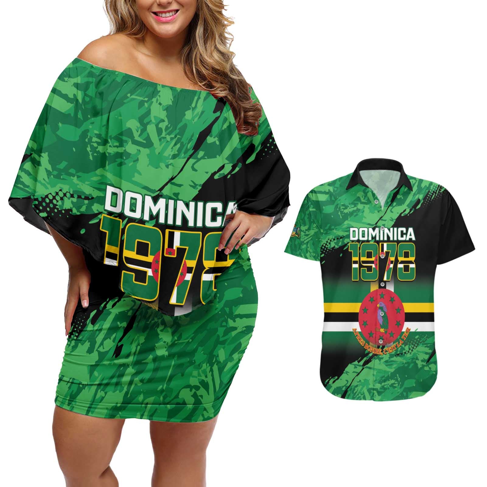 Persionalized Dominica 1978 Couples Matching Off Shoulder Short Dress and Hawaiian Shirt Dominik Independence Anniversary Grunge Style - Wonder Print Shop