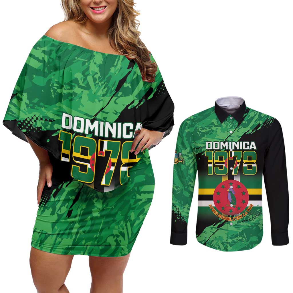 Persionalized Dominica 1978 Couples Matching Off Shoulder Short Dress and Long Sleeve Button Shirt Dominik Independence Anniversary Grunge Style - Wonder Print Shop