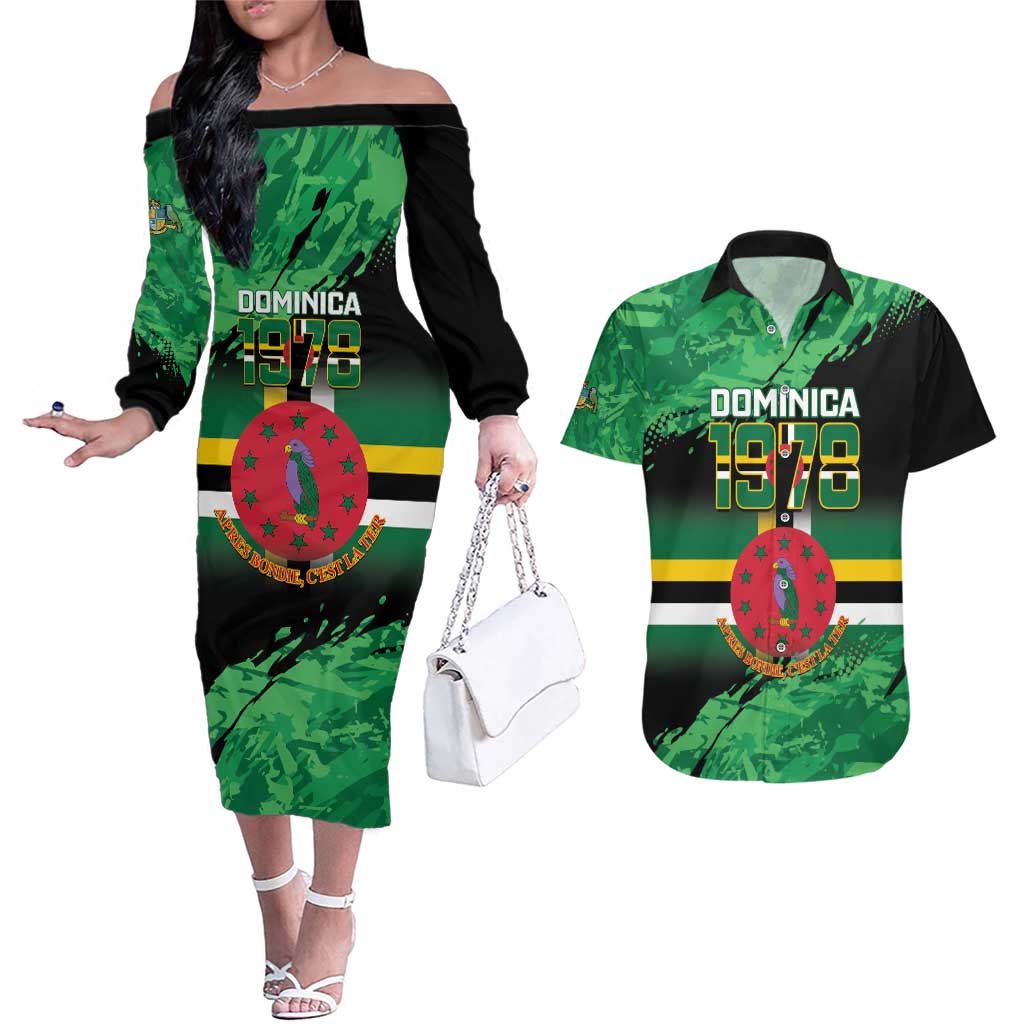 Persionalized Dominica 1978 Couples Matching Off The Shoulder Long Sleeve Dress and Hawaiian Shirt Dominik Independence Anniversary Grunge Style - Wonder Print Shop