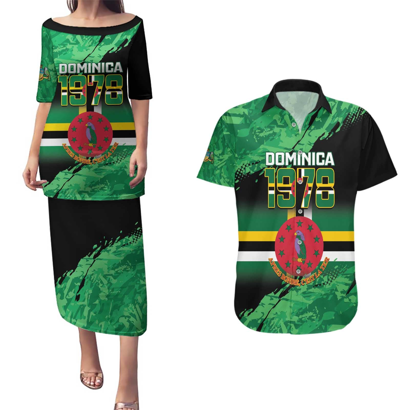 Persionalized Dominica 1978 Couples Matching Puletasi and Hawaiian Shirt Dominik Independence Anniversary Grunge Style - Wonder Print Shop