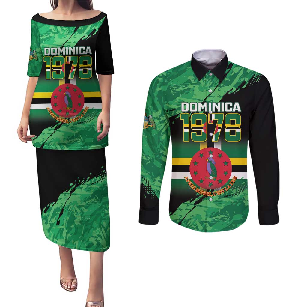 Persionalized Dominica 1978 Couples Matching Puletasi and Long Sleeve Button Shirt Dominik Independence Anniversary Grunge Style - Wonder Print Shop